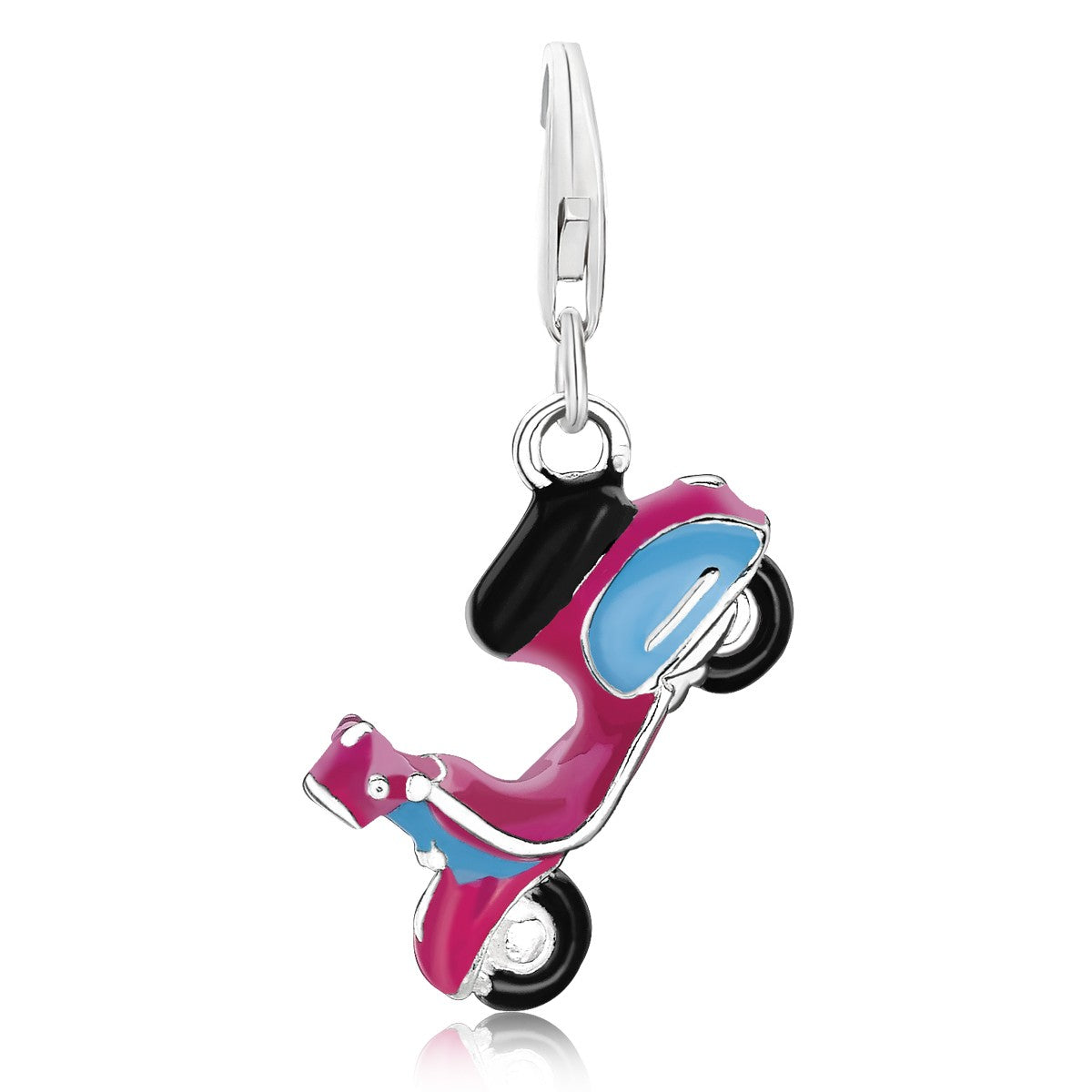 Sterling silver scooter charm with pink, blue, and black enamel coating.