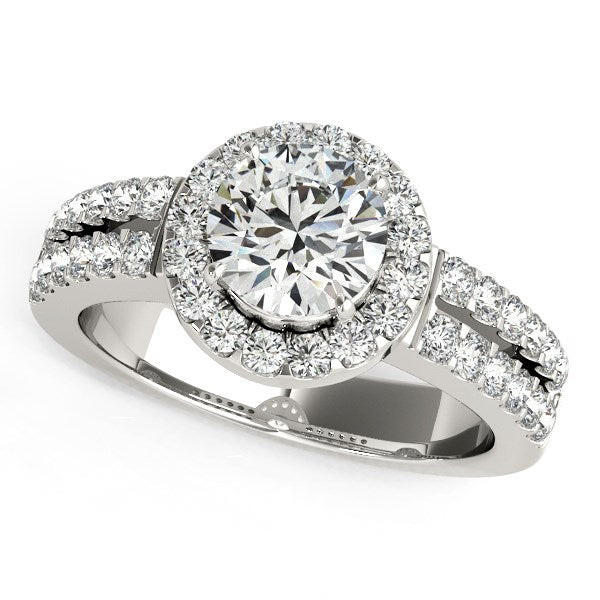 14k white gold halo diamond engagement ring with a double row band.