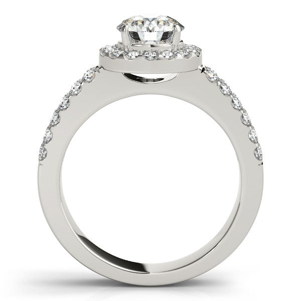 14k white gold halo diamond engagement ring with a double row band.