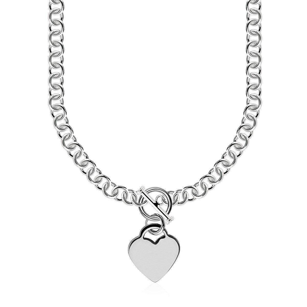 Sterling silver rolo chain necklace with a heart toggle charm.