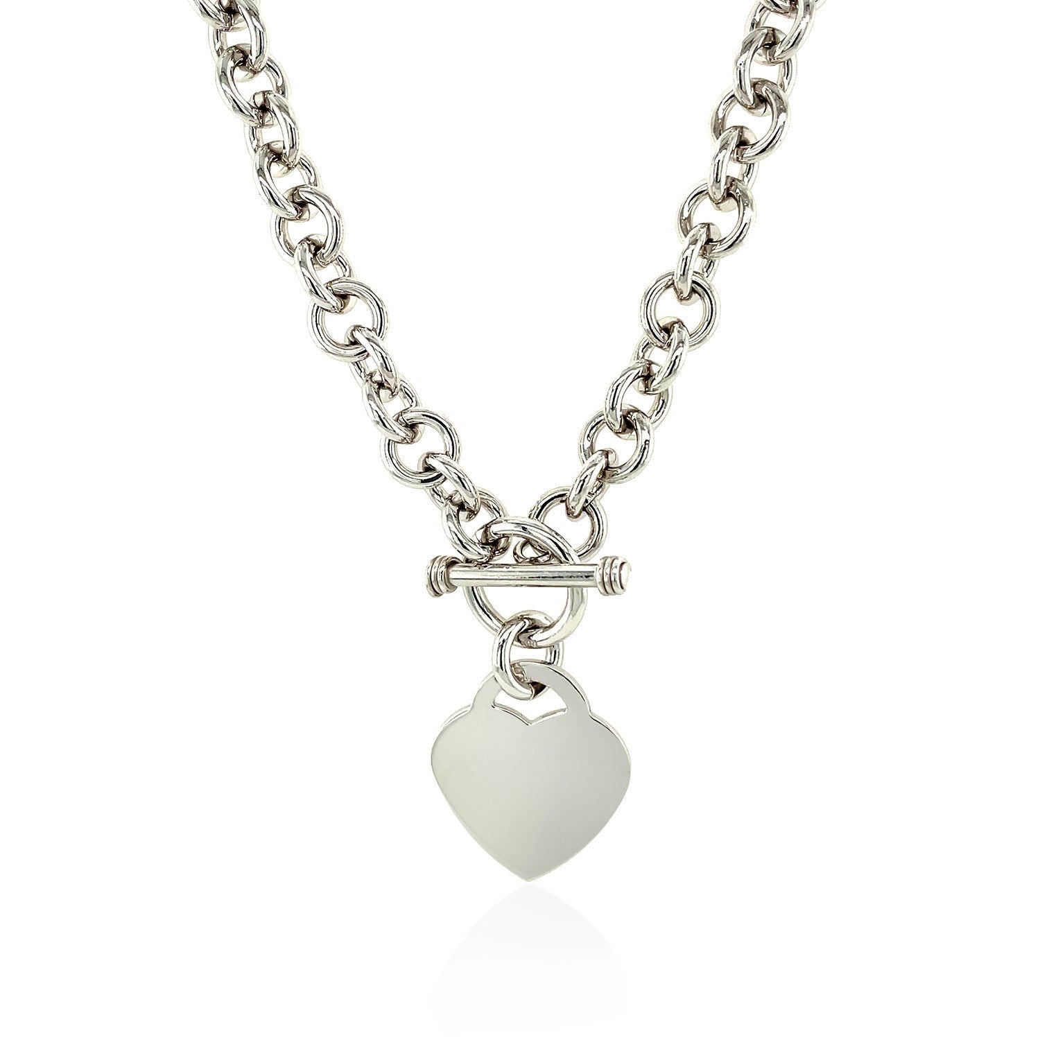 Sterling silver rolo chain necklace with a heart toggle charm.