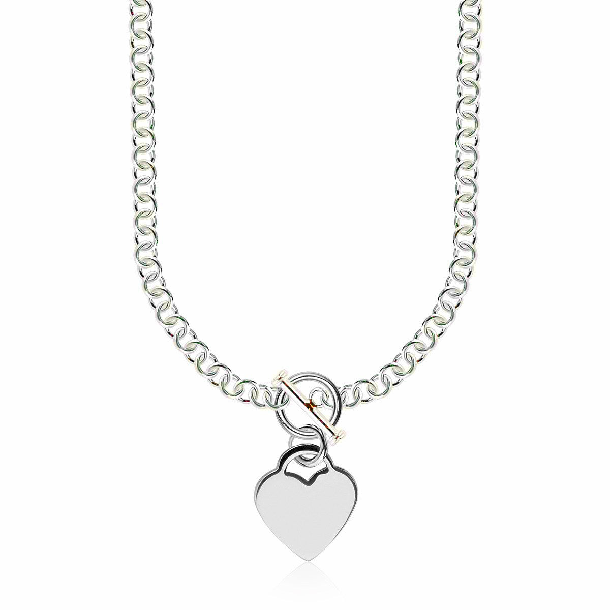 Sterling silver rolo chain necklace with a heart toggle charm.