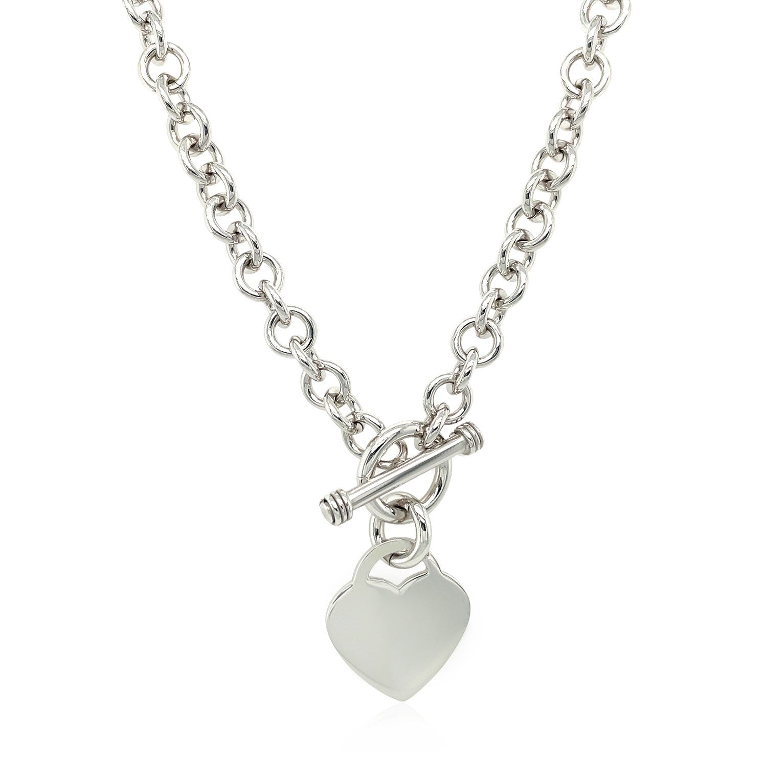 Sterling silver rolo chain necklace with a heart toggle charm.