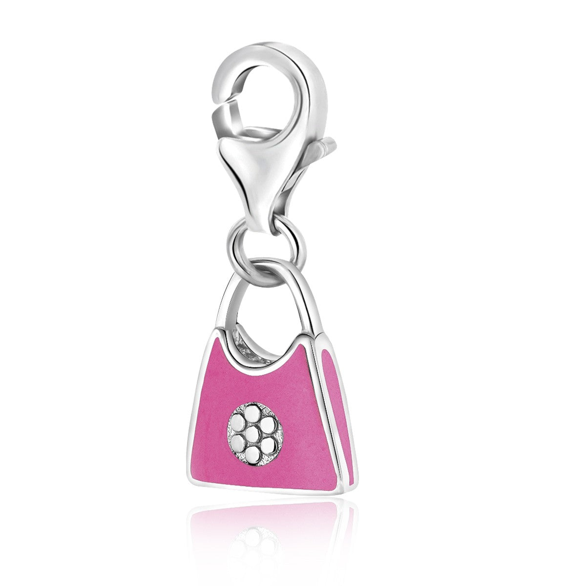 Sterling silver pink enameled handbag charm with a flower motif accent.