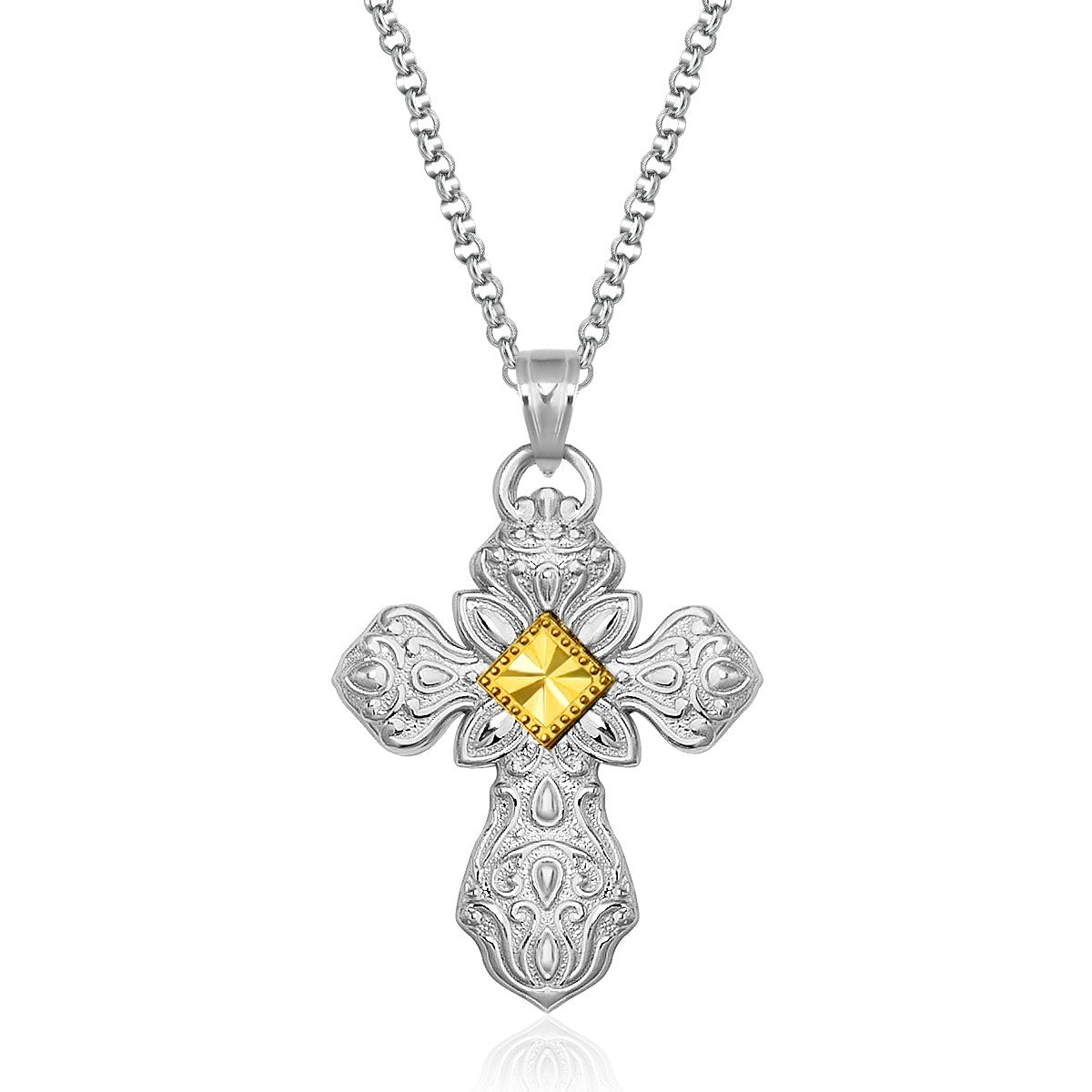 Designer sterling silver and 14K yellow gold ornamental cross pendant.