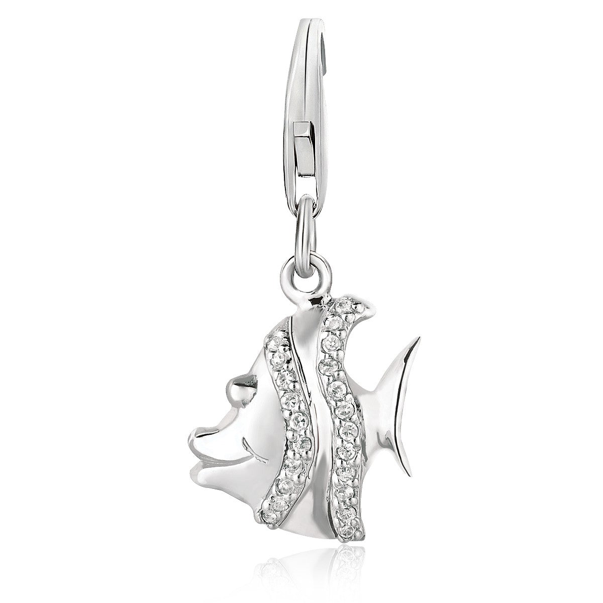 Sterling silver fish charm with white crystal stripes and a lobster clasp.