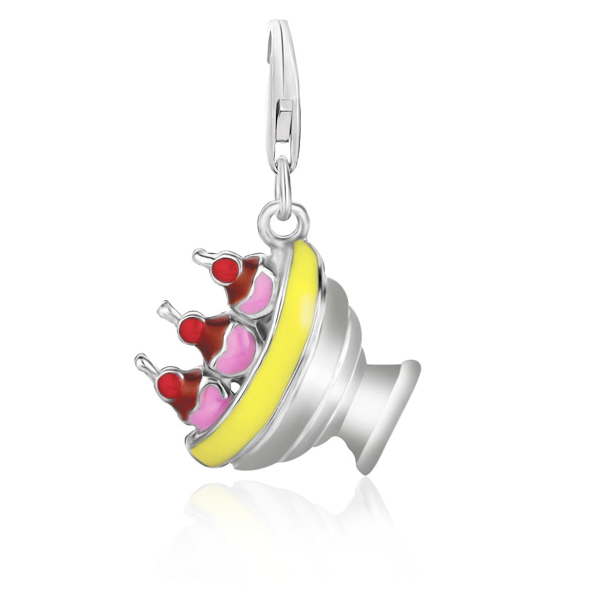 Sterling silver banana split charm with yellow, pink, brown, and red enamel.