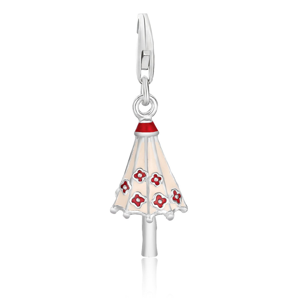 Sterling silver umbrella charm with white enamel and red flower details.