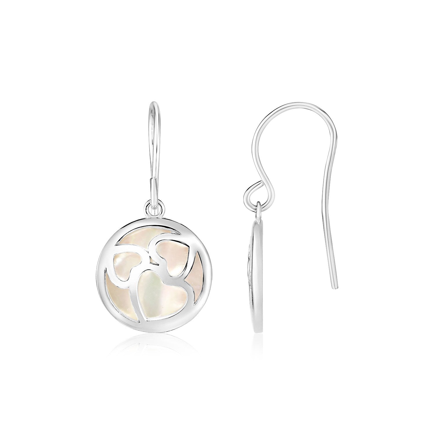 Sterling silver multiple hearts cutout earrings with mother of pearl, hanging from Euro wires.
