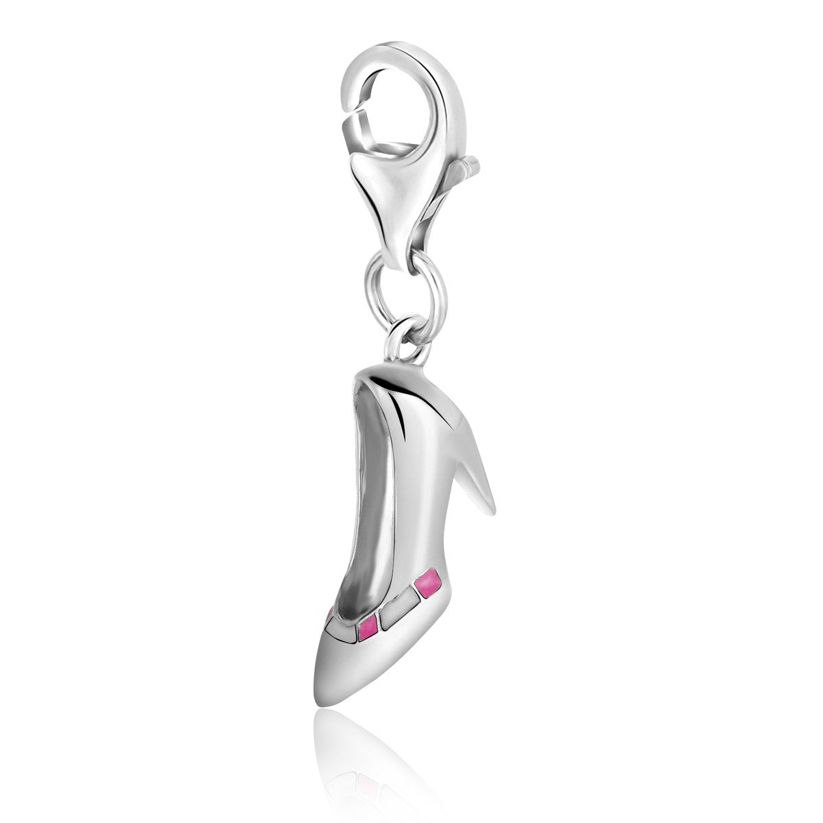 Sterling silver high heel shoe charm with pink enamel accents and a lobster clasp.