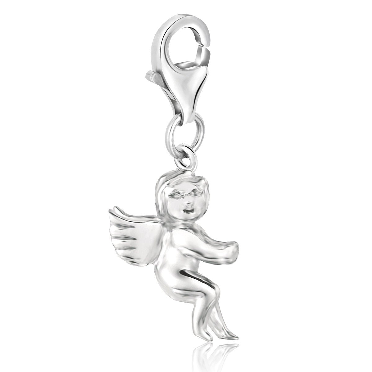 Sterling silver cherub charm with wings and a lobster clasp.
