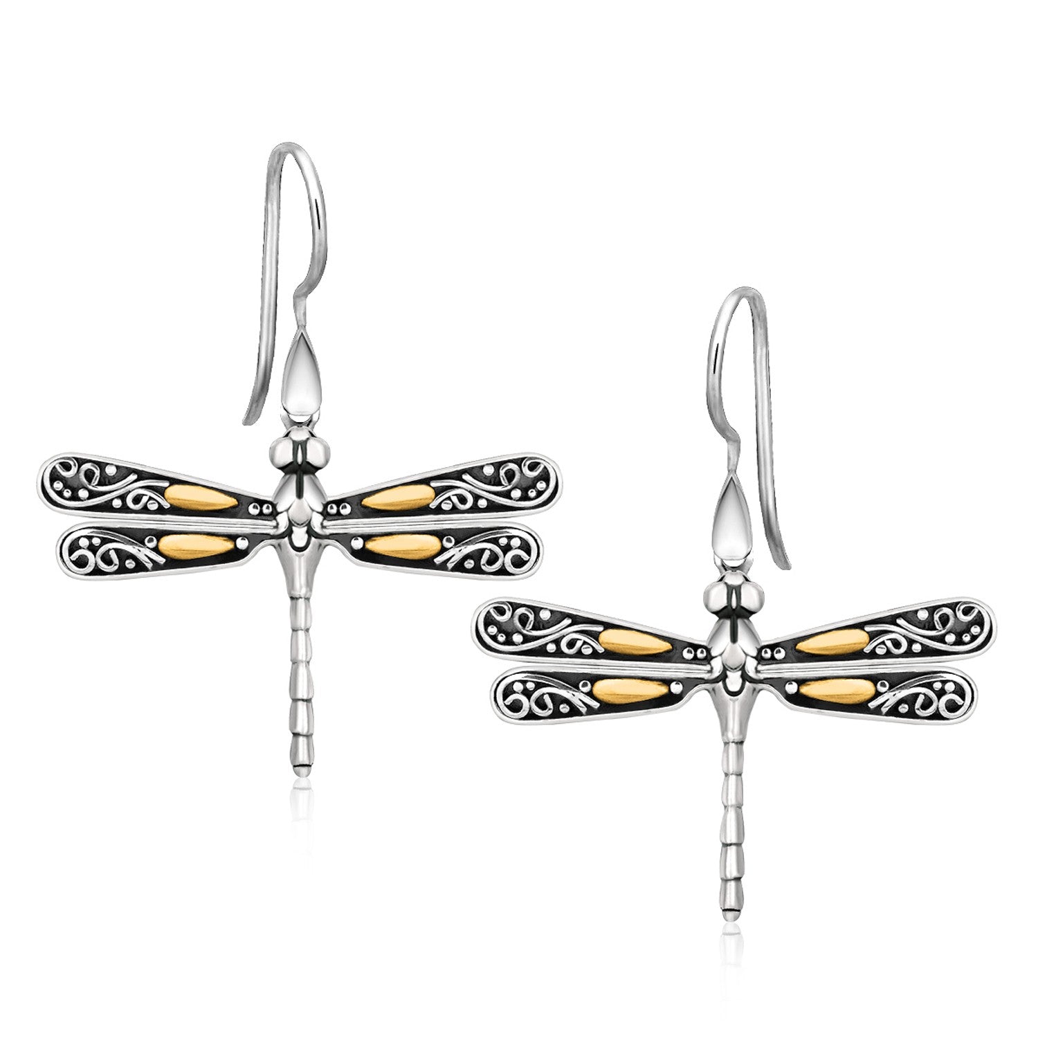 Sterling silver and 18k yellow gold dragonfly drop earrings with French wire backings.