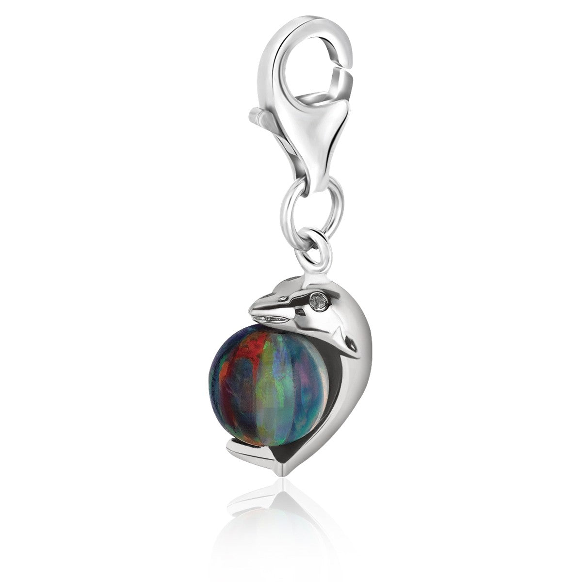 Sterling silver dolphin charm holding an opal accented ball.