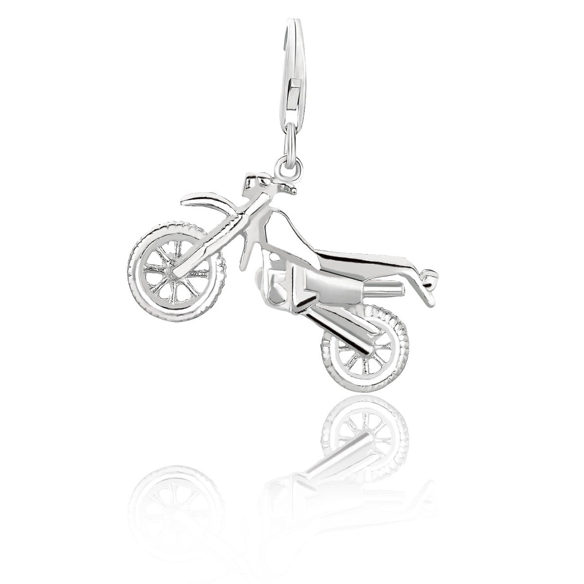 Sterling silver motorcycle charm with a lobster clasp, shown with a reflection below.
