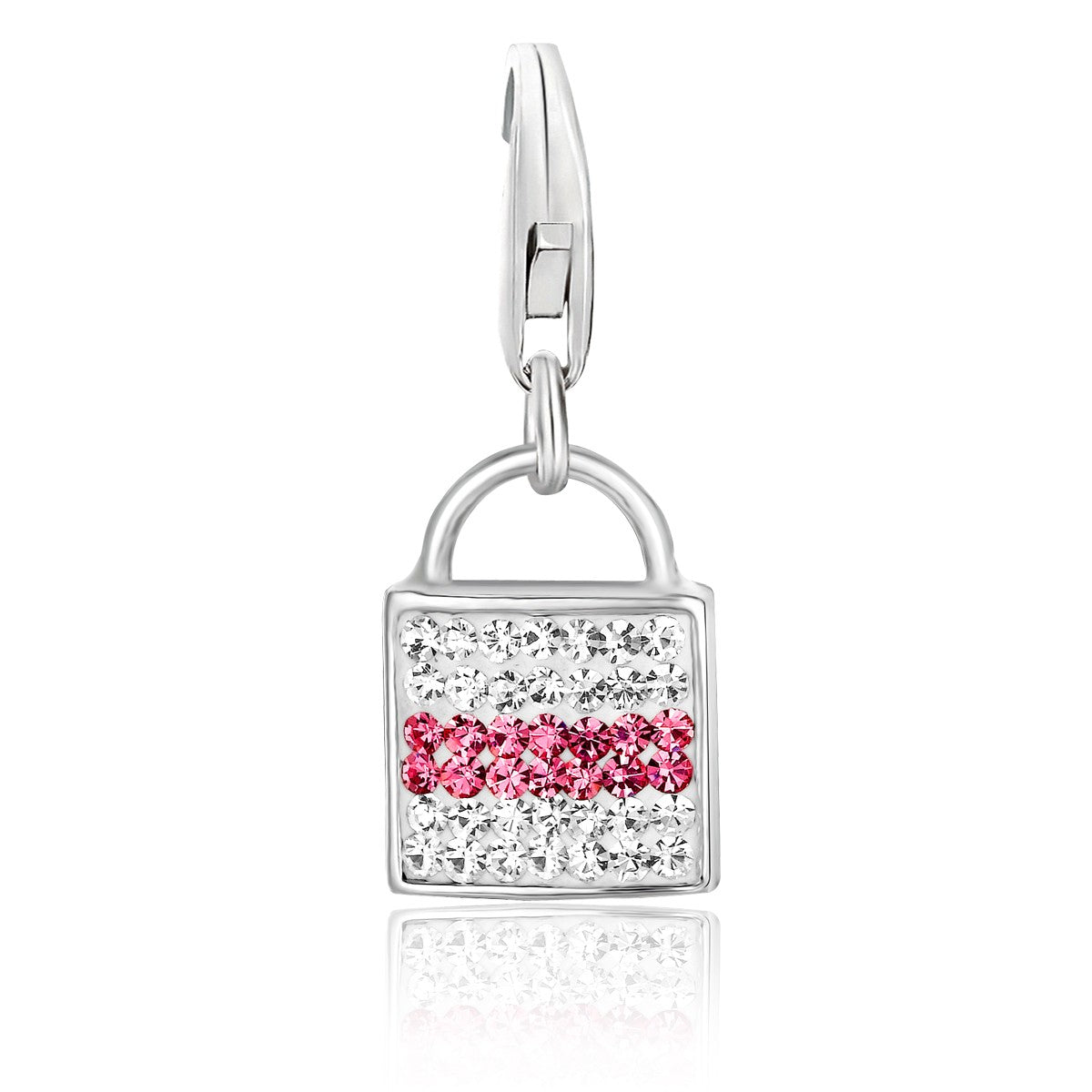 Sterling silver handbag charm with white and pink crystal embellishments.