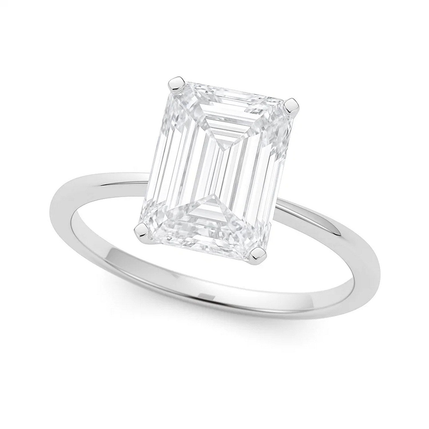 A radiant-cut lab-grown diamond solitaire ring in 14K white gold.