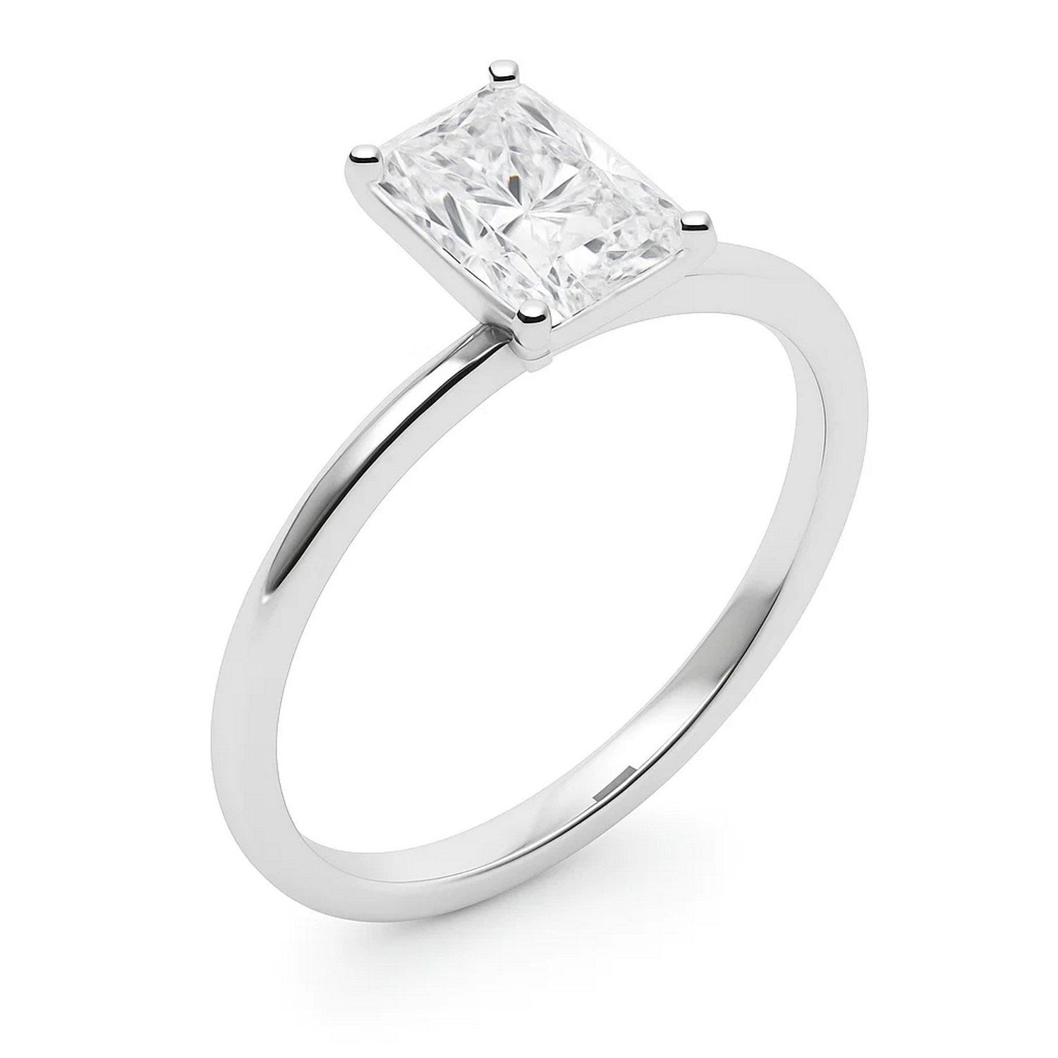 A radiant-cut lab-grown diamond solitaire ring in 14K white gold.