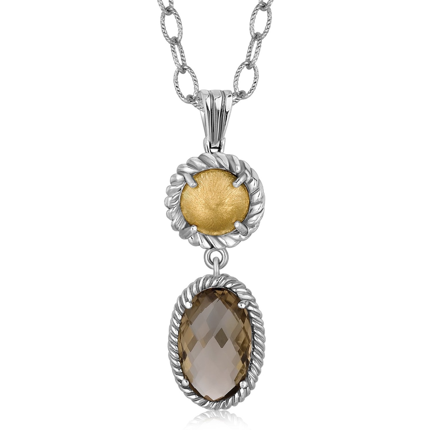 18K yellow gold and sterling silver drop pendant with a smoky quartz stone.