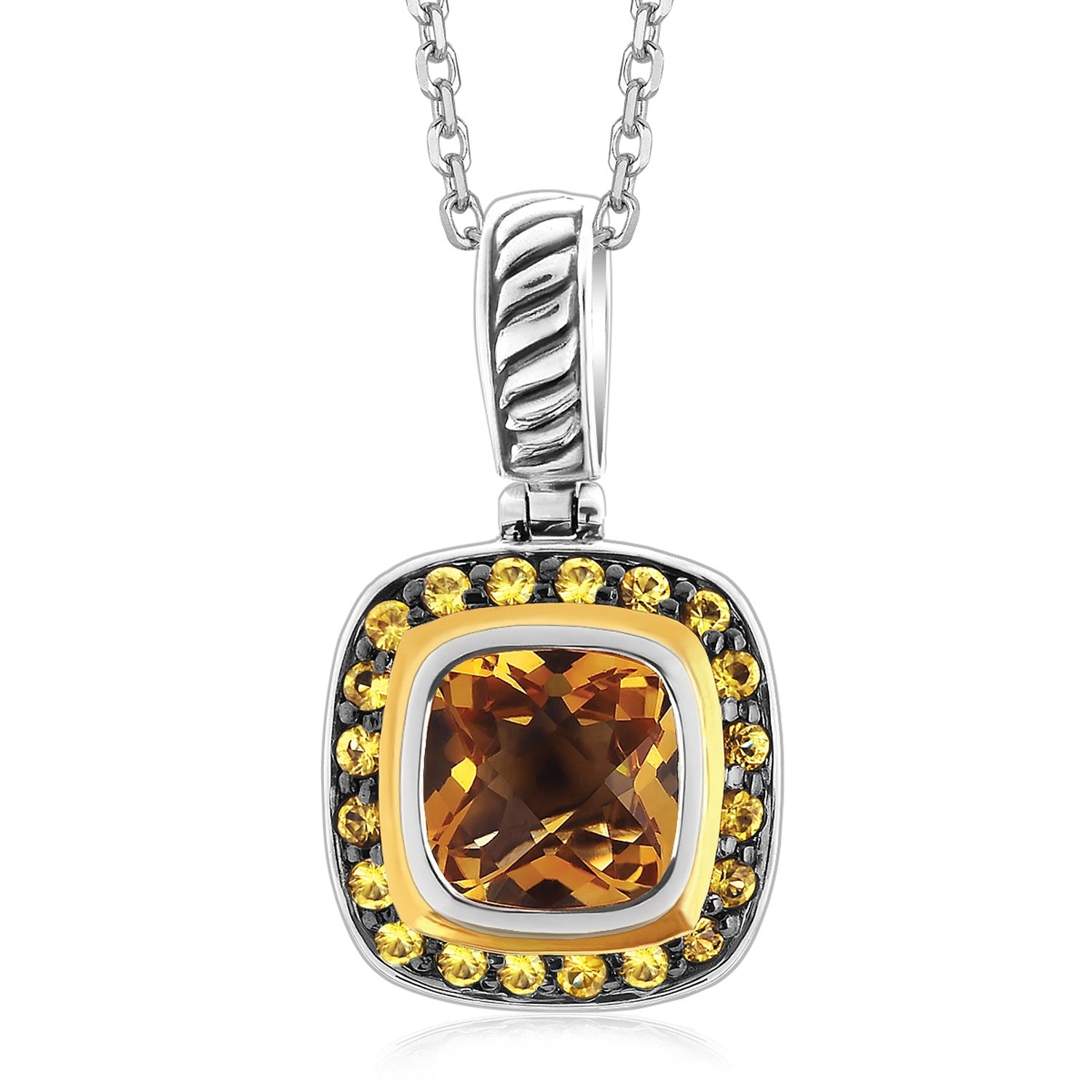 Sterling silver and 18K yellow gold square pendant with a cushion-cut citrine and sapphires.