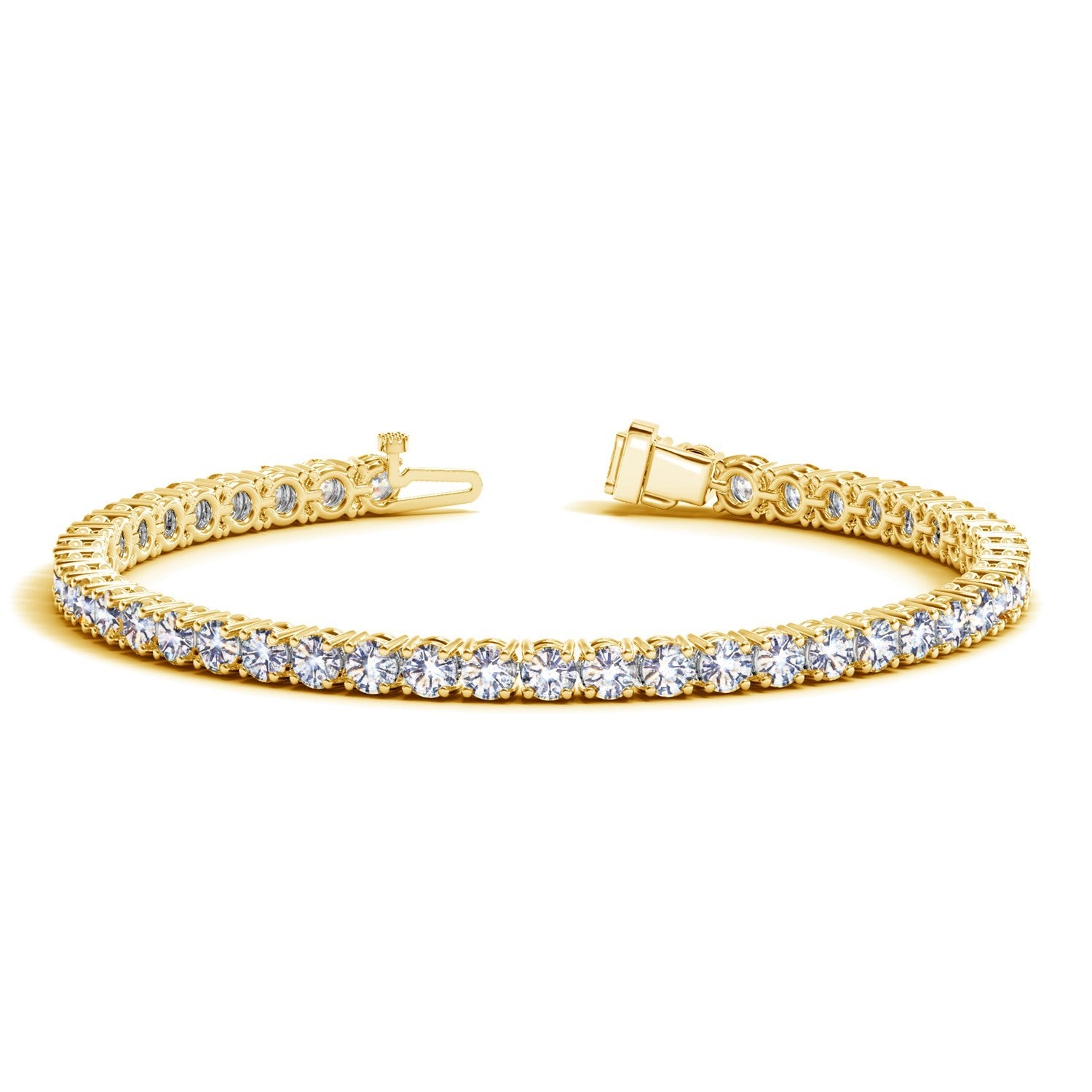 A yellow gold tennis bracelet with round lab-grown diamonds and an open clasp.