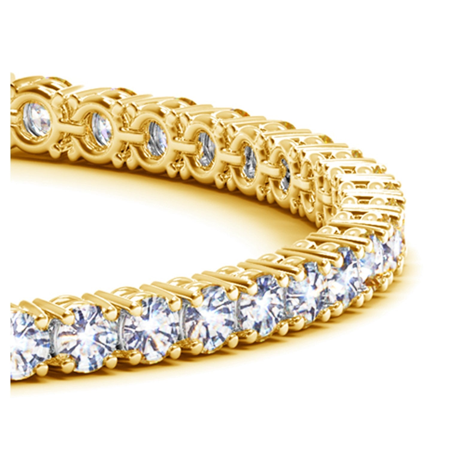 A yellow gold tennis bracelet with round, brilliant-cut diamonds.