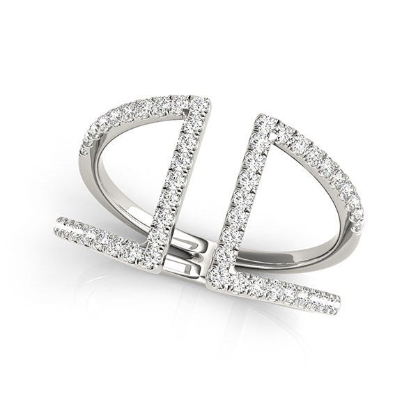 14k white gold open style dual band ring with 54 prong-set round diamonds.