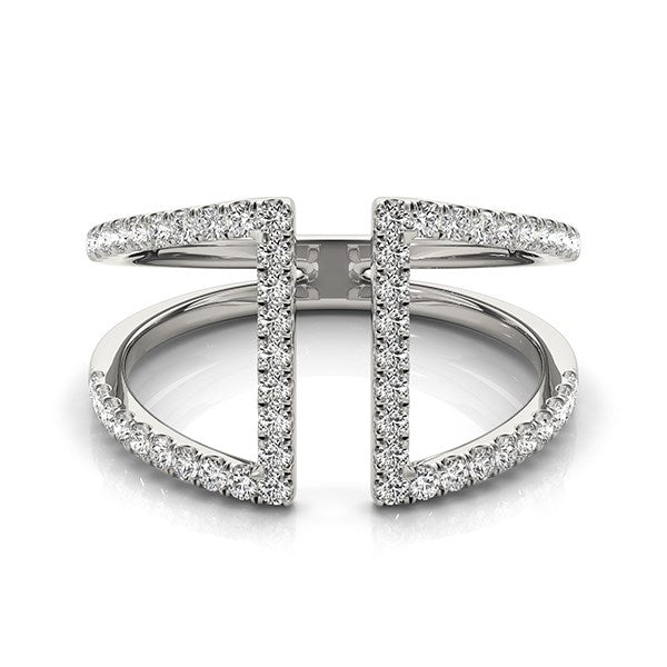 14k white gold open style dual band ring with 54 round diamonds.