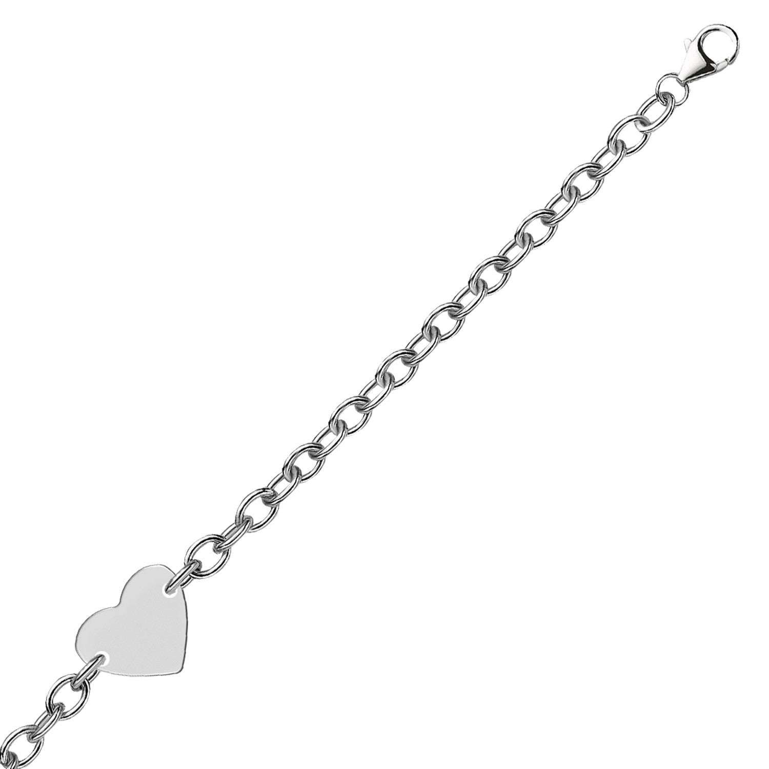 Sterling silver rhodium-plated chain bracelet with a flat heart station and lobster clasp.