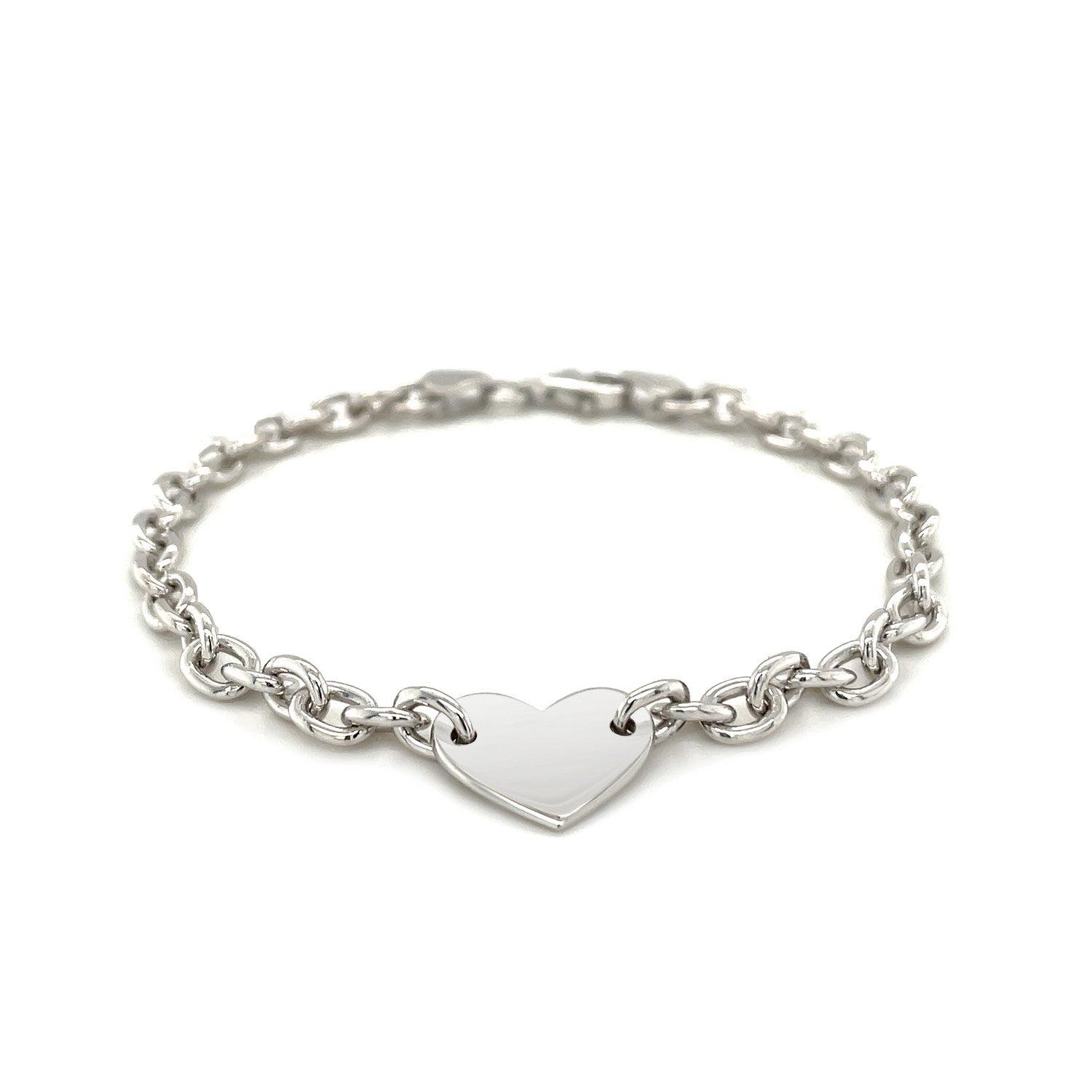 Sterling silver rhodium-plated chain bracelet with a flat heart station.