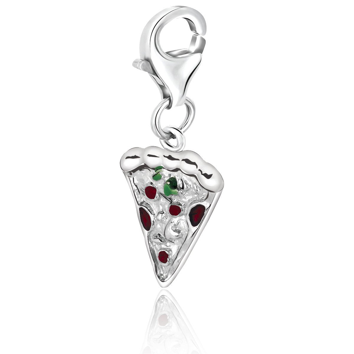 Sterling silver pizza slice charm with red and green enamel accents.
