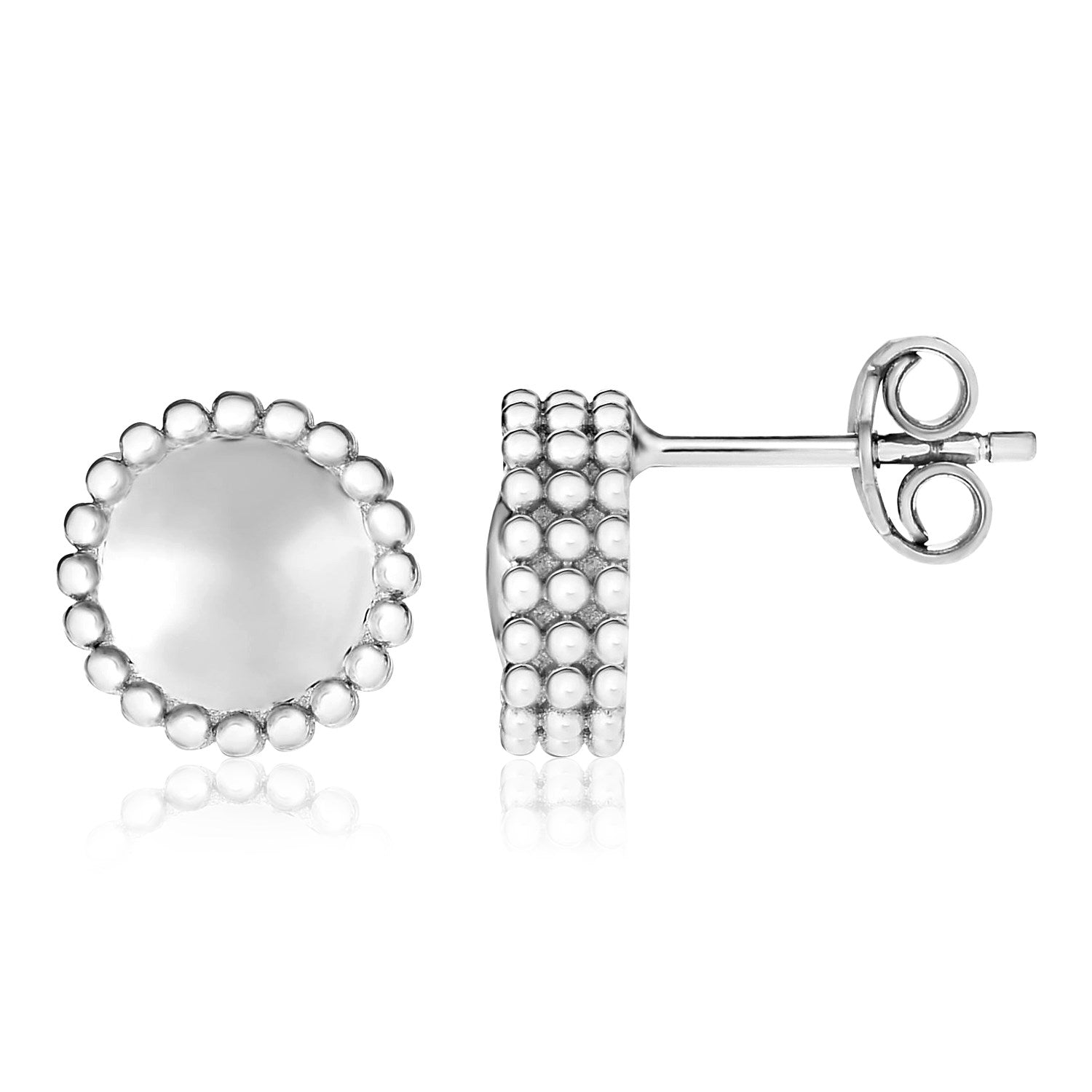 Sterling silver round beaded earrings with a polished dome and pushback clasps.