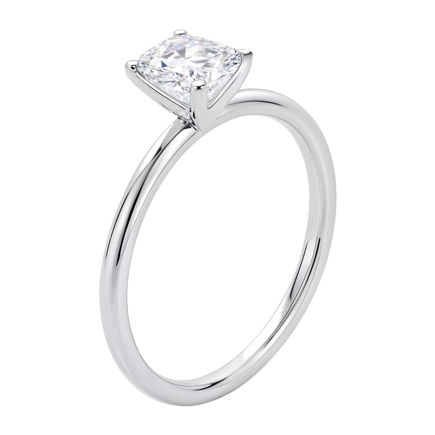 A 14K white gold solitaire ring with a cushion-cut lab-grown diamond.