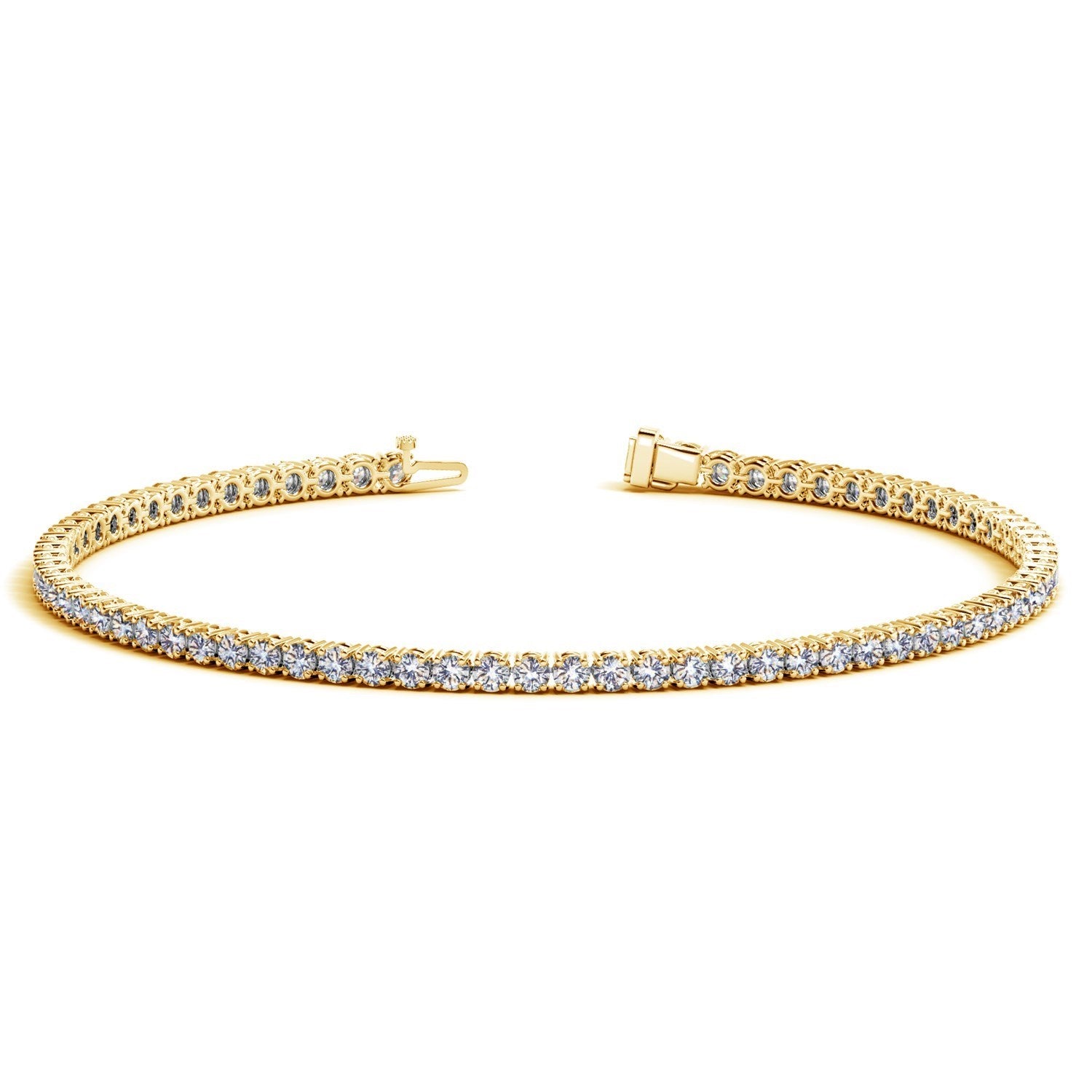A yellow gold tennis bracelet with round lab-grown diamonds and a box clasp.