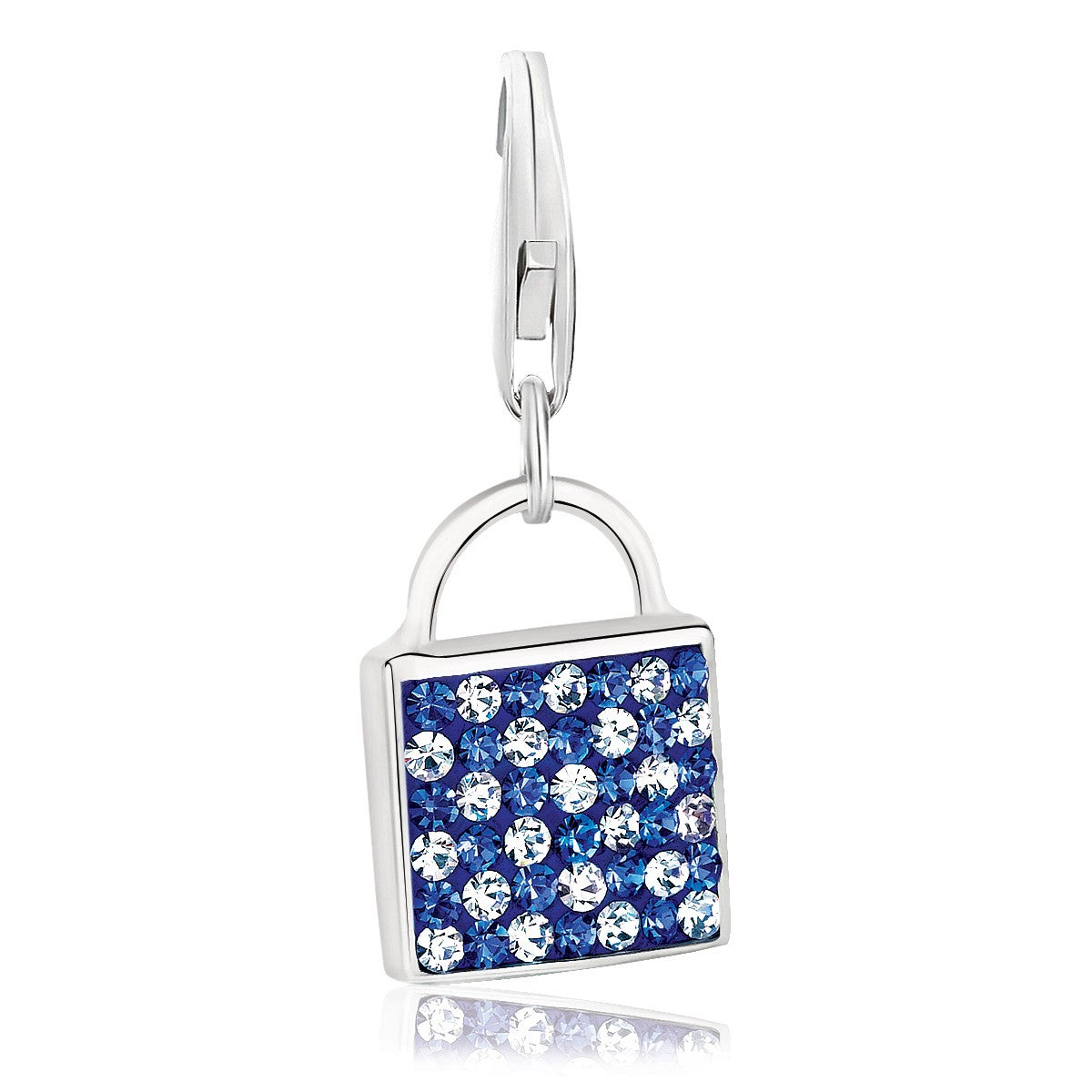 Sterling silver handbag charm with blue and white studded crystals.