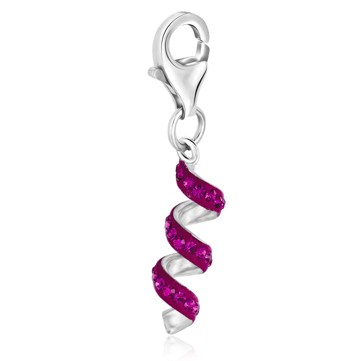 Sterling silver coil charm with magenta tone crystal embellishments and a lobster clasp.