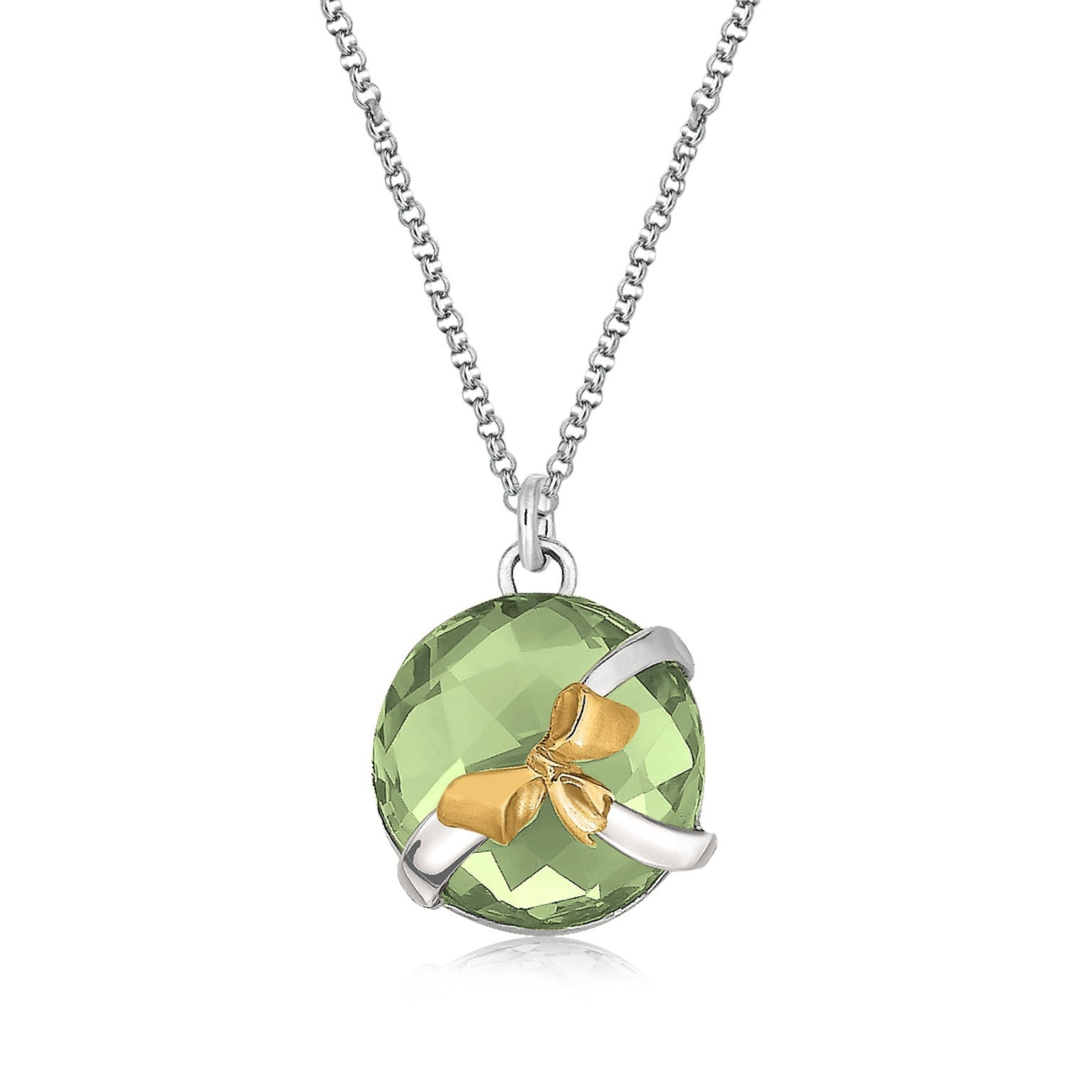 Sterling silver and 18K yellow gold pendant with a round green amethyst and bow.