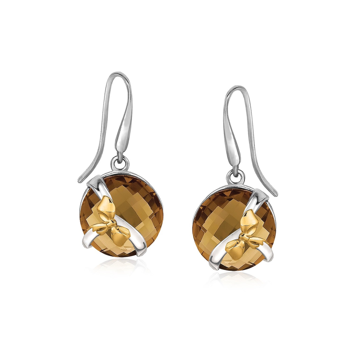Round whiskey quartz drop earrings with a yellow gold bow motif and sterling silver accents.