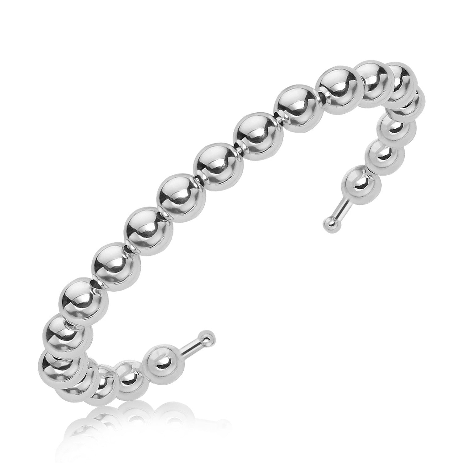 Sterling silver open cuff bracelet with a continuous row of polished beads.