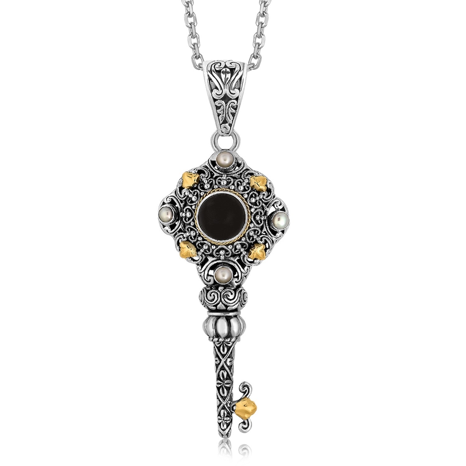 Sterling silver and 18K yellow gold key pendant with black onyx and pearl accents.