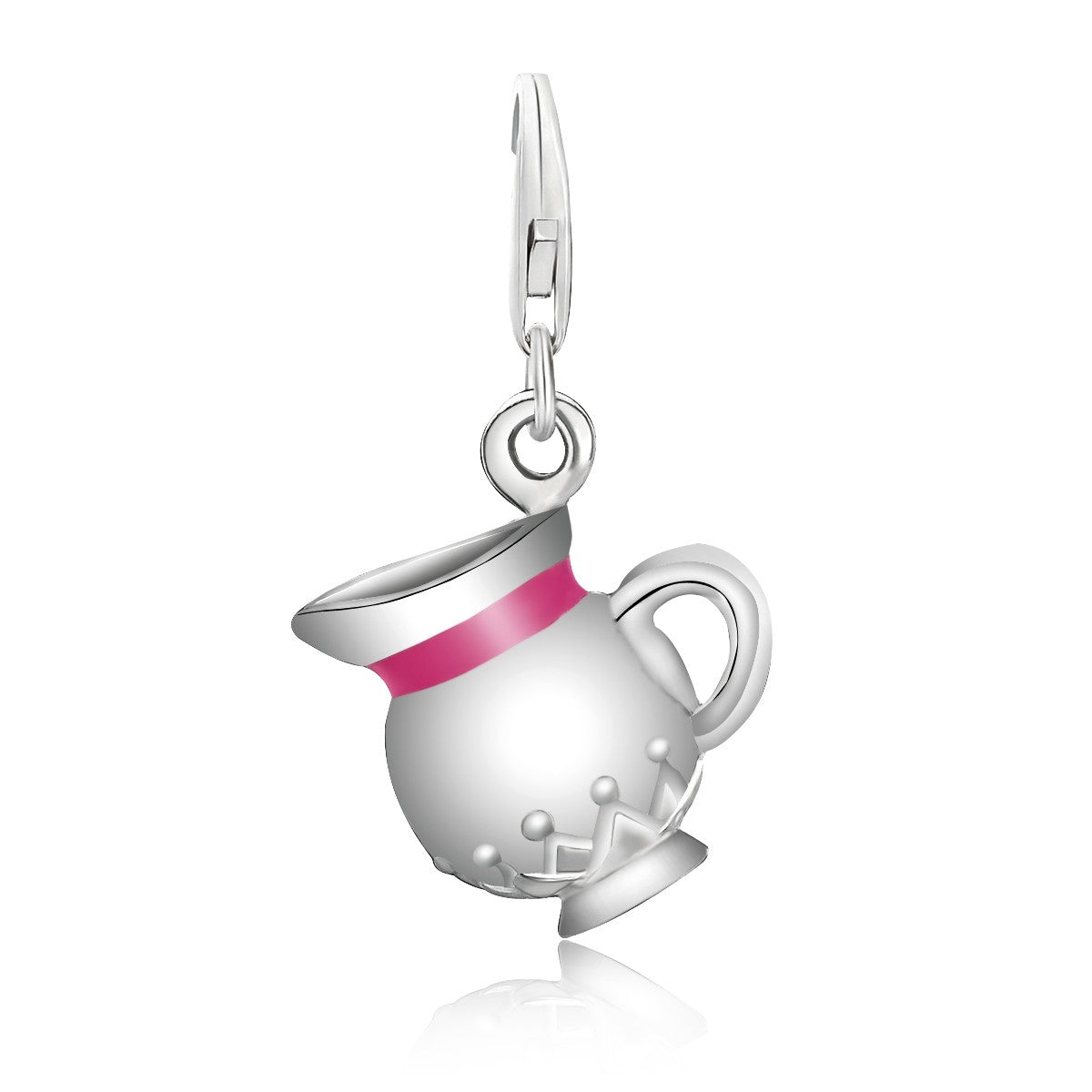 Sterling silver water jug charm with a pink enamel accent and decorative base.