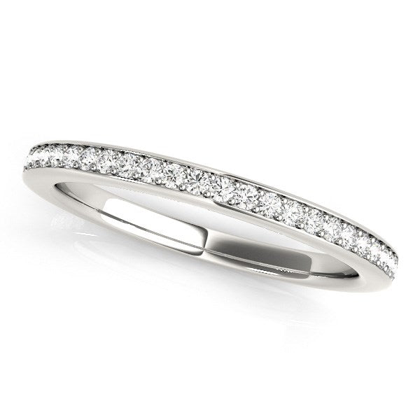 A 14k white gold wedding ring with a single row of prong-set round diamonds.