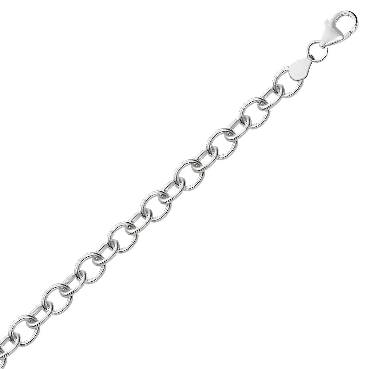 Sterling silver rhodium-plated fancy charm bracelet with a lobster clasp.