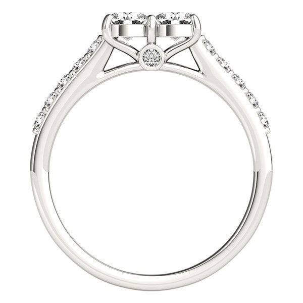 14k white gold two-stone diamond ring with pavé accents on a white background.