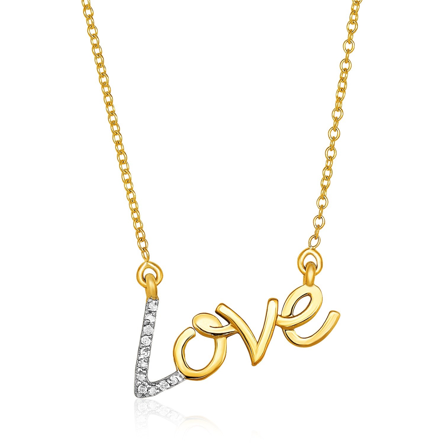 14k yellow gold necklace with a diamond and gold "love" pendant.