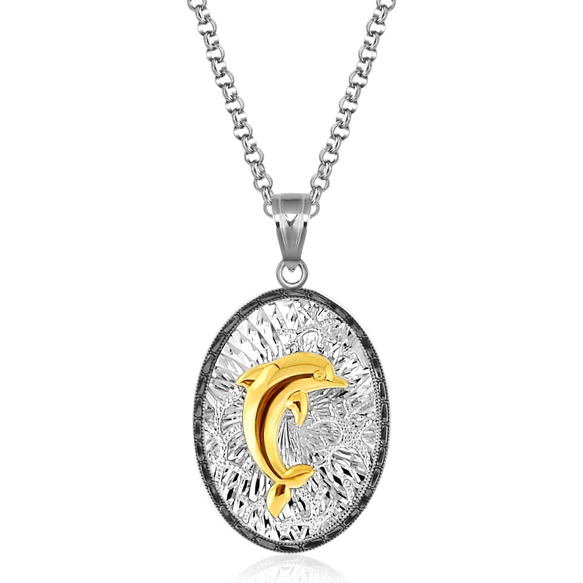 Sterling silver and 14K yellow gold dolphin pendant with black crystal.