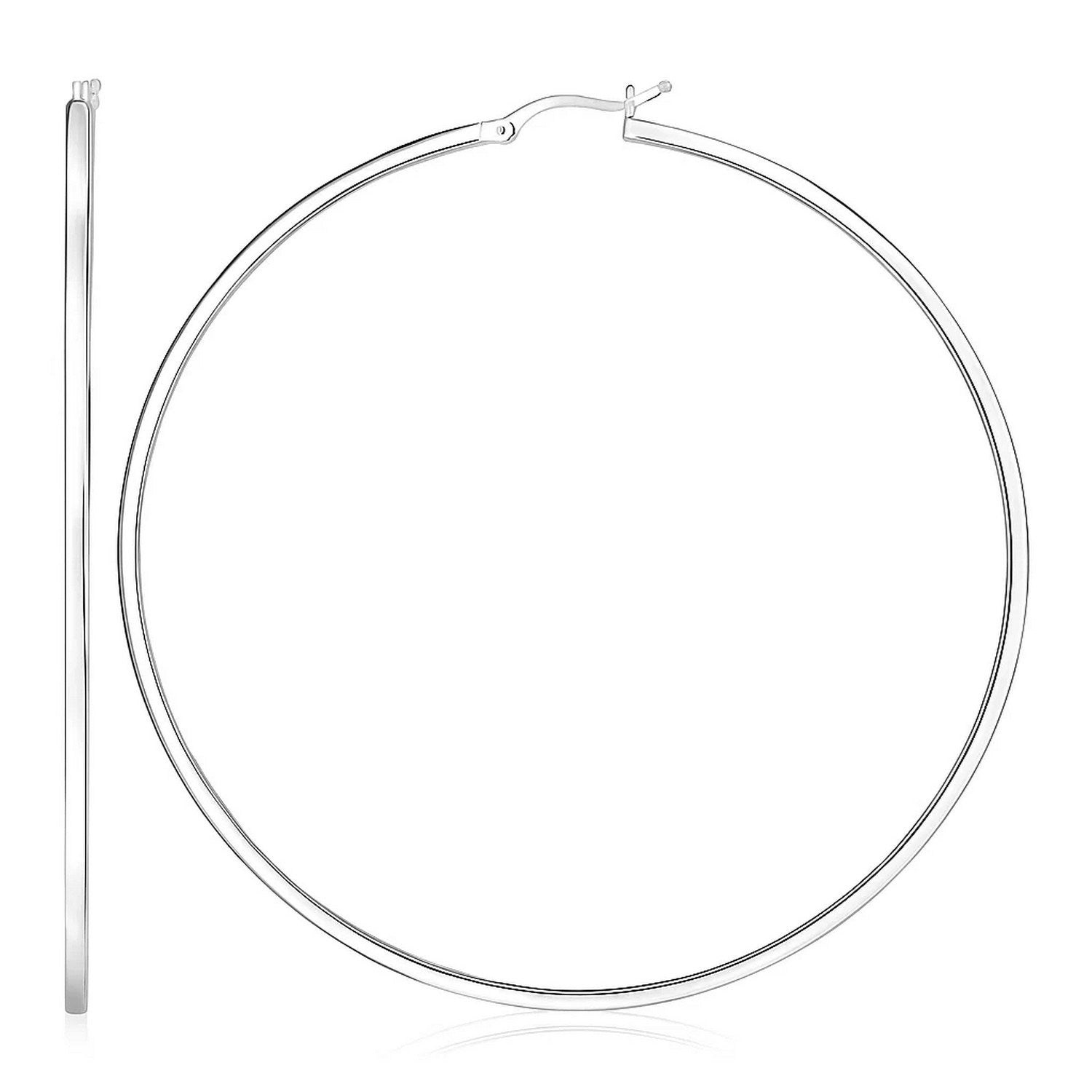 Large, polished sterling silver hoop earrings with a rectangular profile and hinged snap backs.