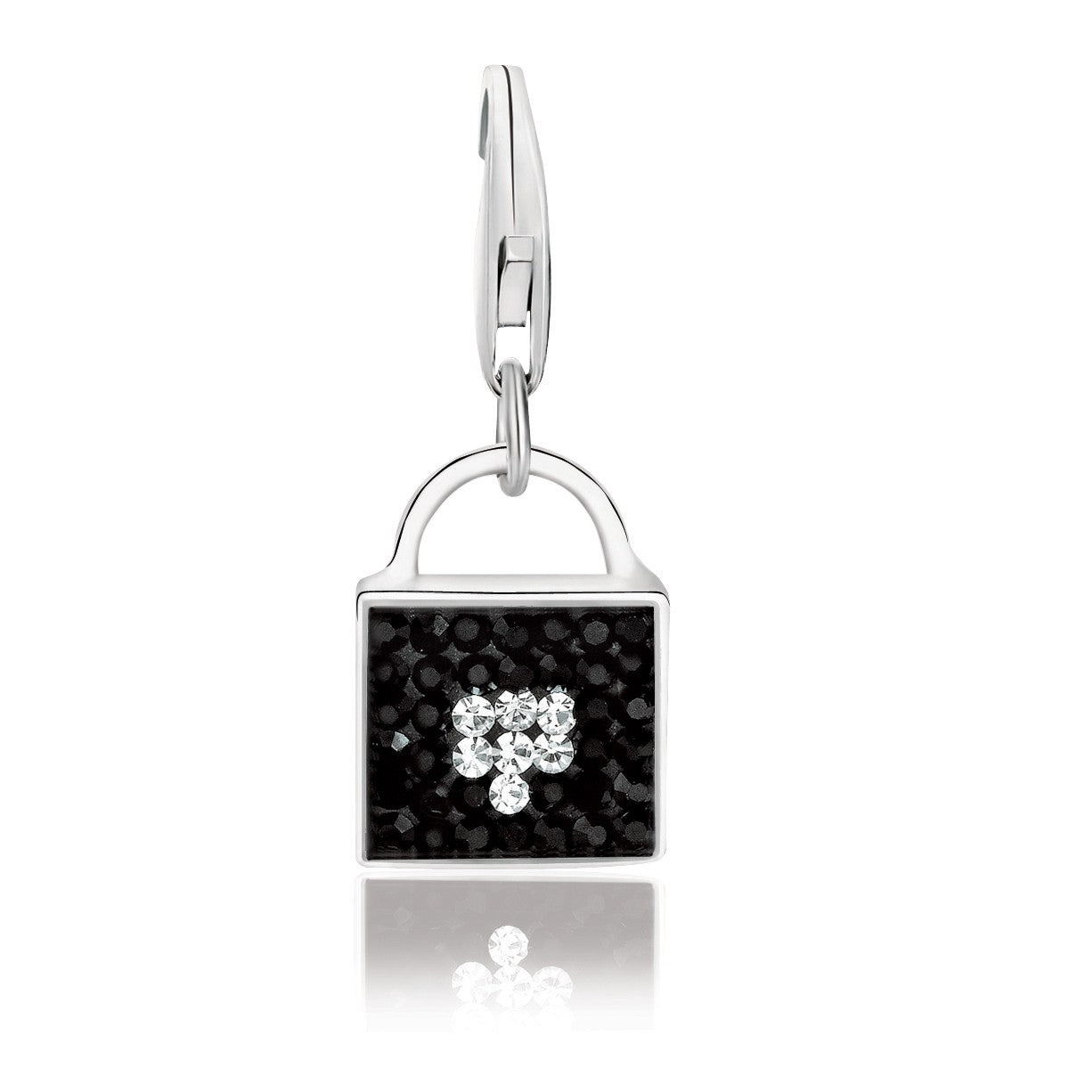 Sterling silver handbag charm with black and white crystal accents.