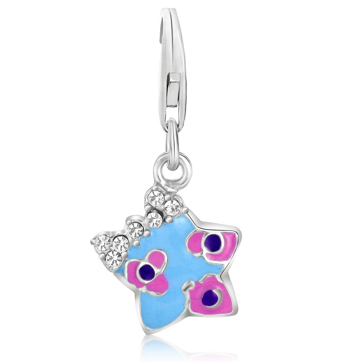 Sterling silver star charm with blue enamel, pink floral accents, and white crystals.
