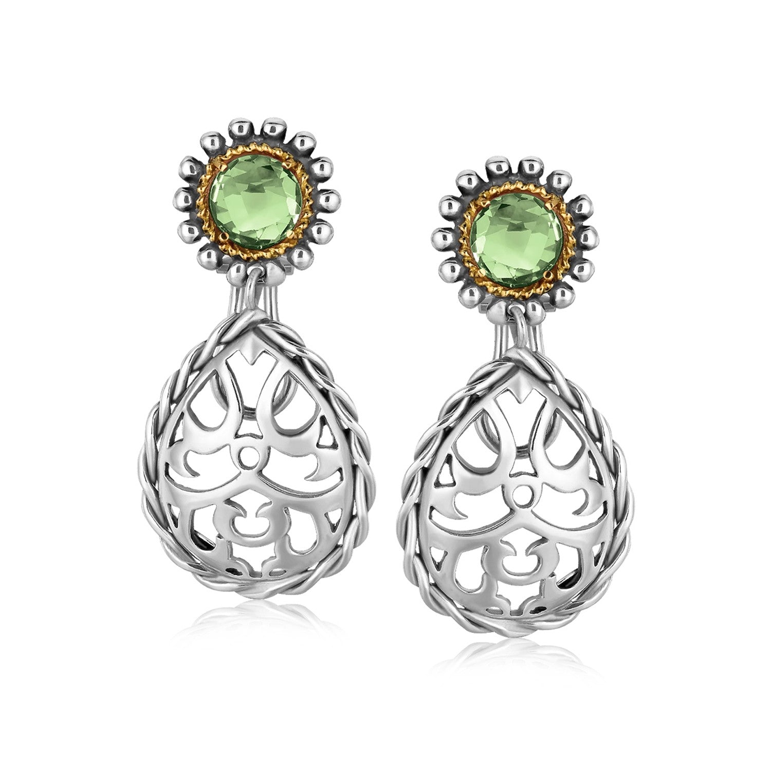 Sterling silver drop earrings with green amethyst and 18K yellow gold accents.