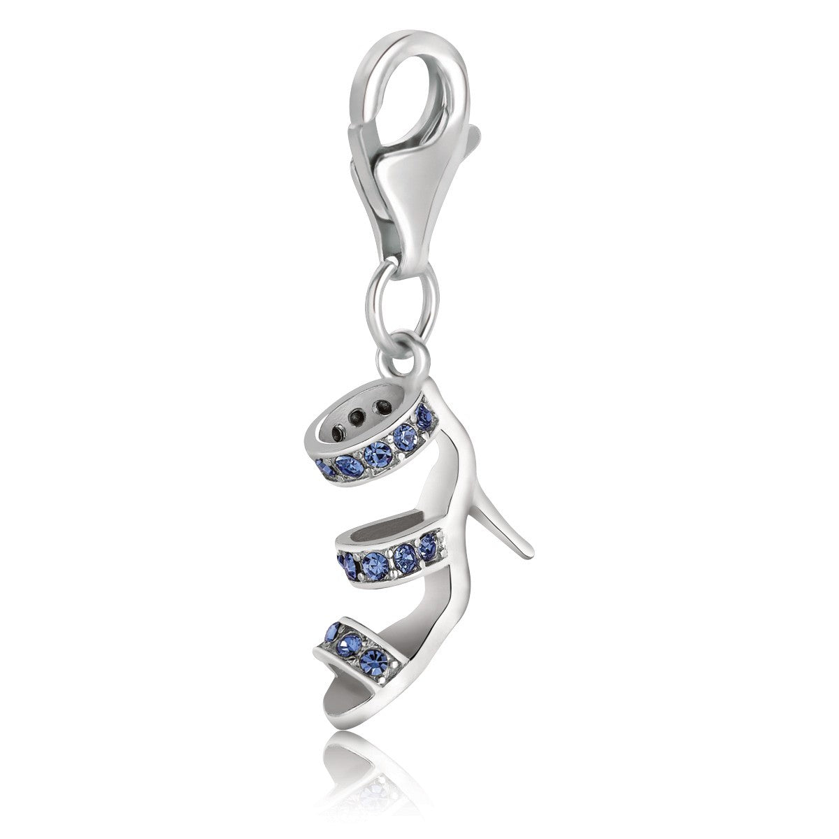 Sterling silver high heel shoe charm with blue crystal accents and a lobster clasp.